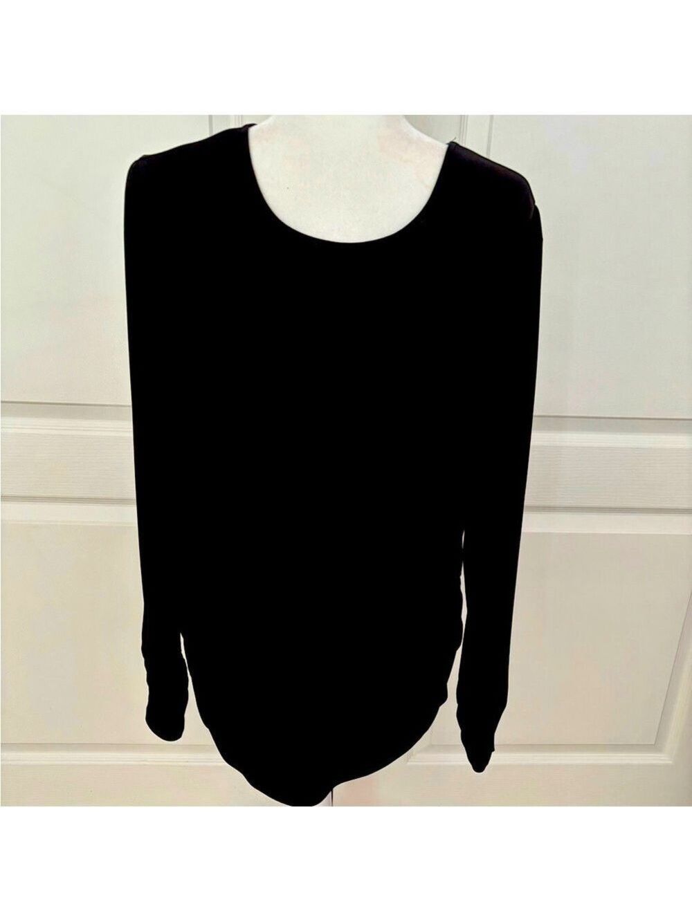Cato Black Ruched Tunic Top XL – Sleek Stretch Long Sleeve Crew Neck
